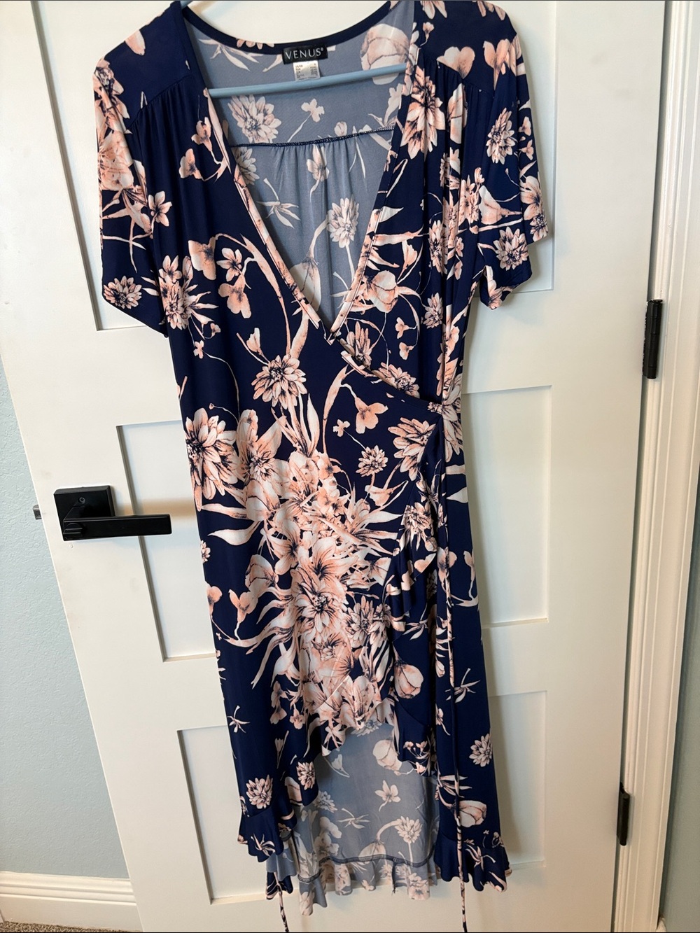 VENUS Navy Floral High-Low Wrap Dress with Blush Blooms